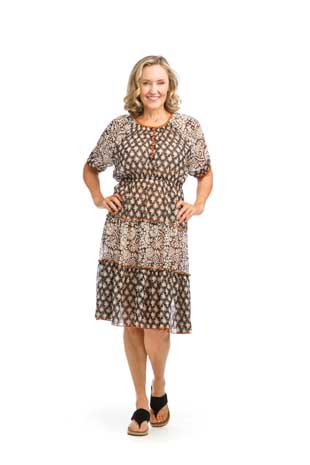 PD-16687 - GEO MIXED PRINT TIERED SHORT SLEEVE DRESS WITH LINER - Colors: AS SHOWN - Available Sizes:XS-XXL - Catalog Page:42 